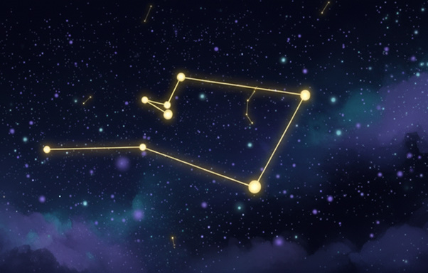 A constellation of gold stars joined by thin lines over a violet night sky