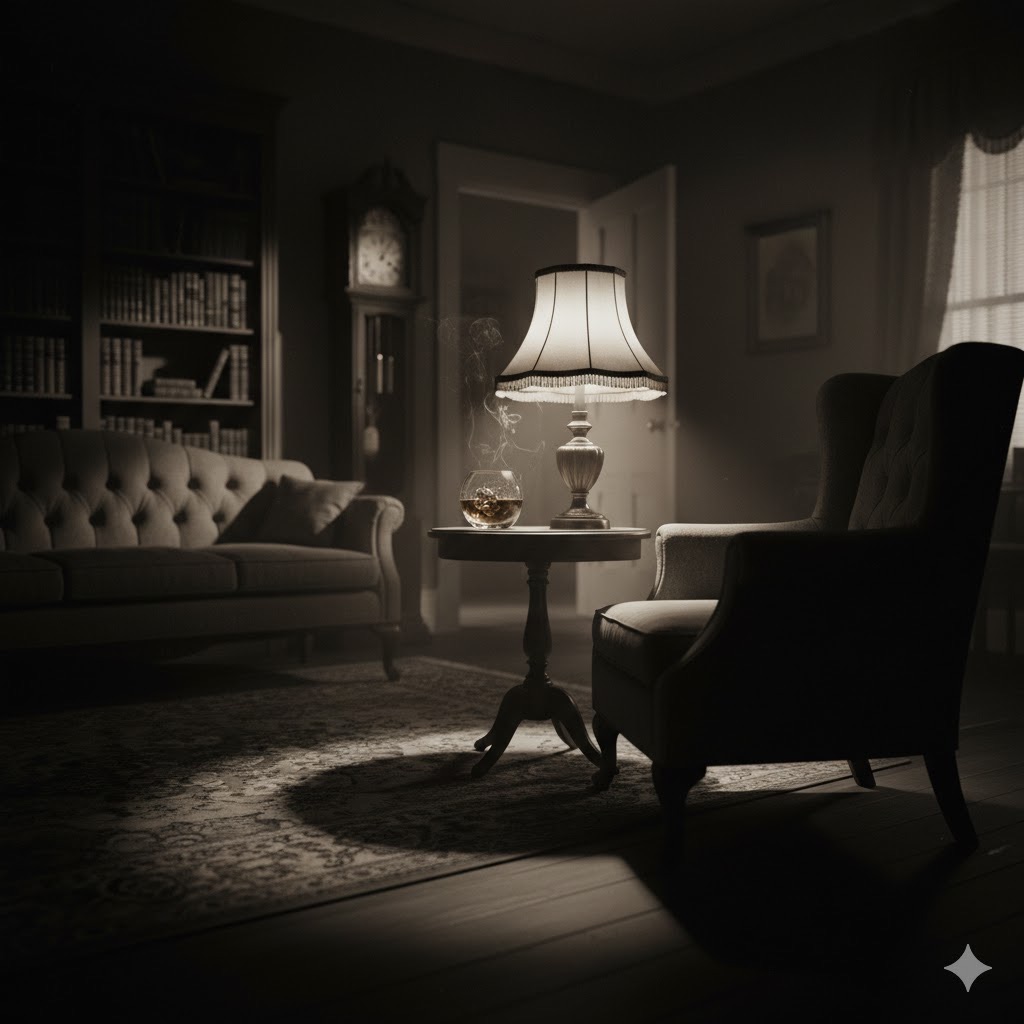 Scenario art for the first mystery: a dim kitchen and a dinner that is more than it seems