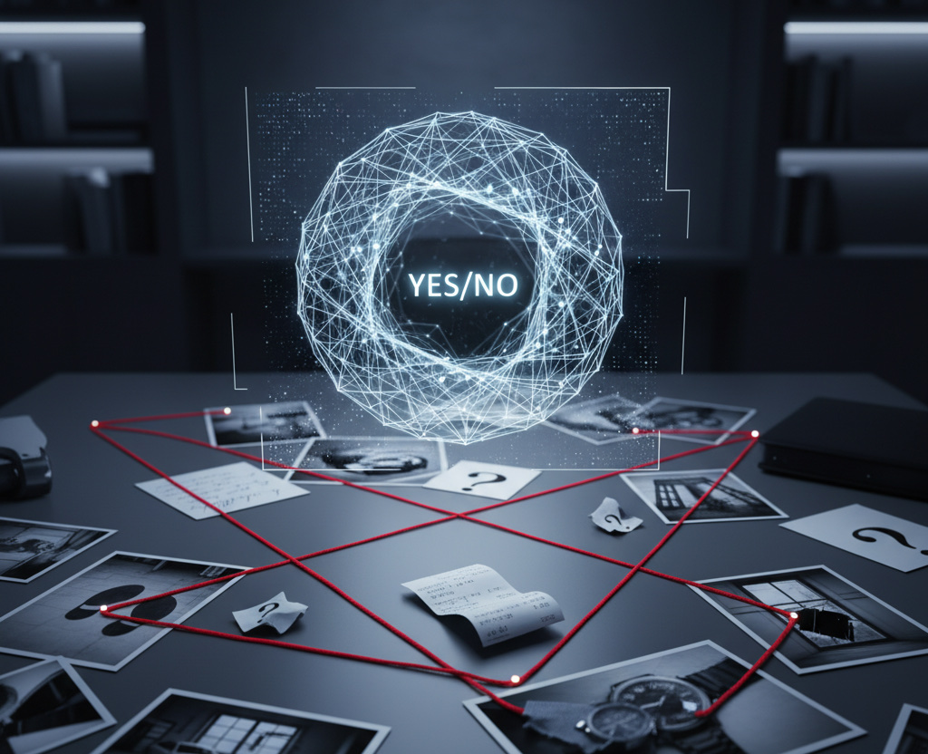 A detective's table of photographs joined by red string under a glowing wireframe sphere that reads YES/NO