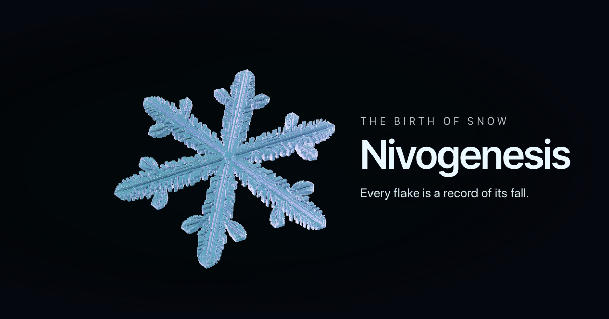 A pale blue, six-armed snow crystal beside the Nivogenesis title and the words Every flake is a record of its fall, against a dark background