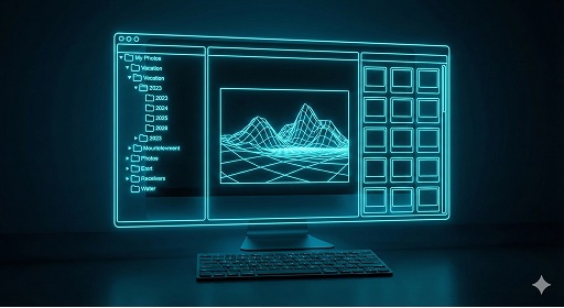 A wireframe monitor drawn in light, showing a folder tree, a photo and a grid of thumbnails