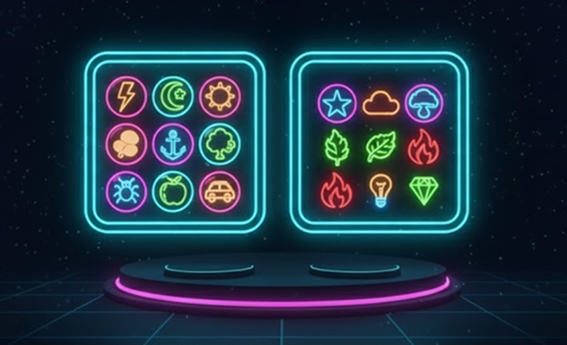 Two neon-outlined cards of small icons on a dark stage