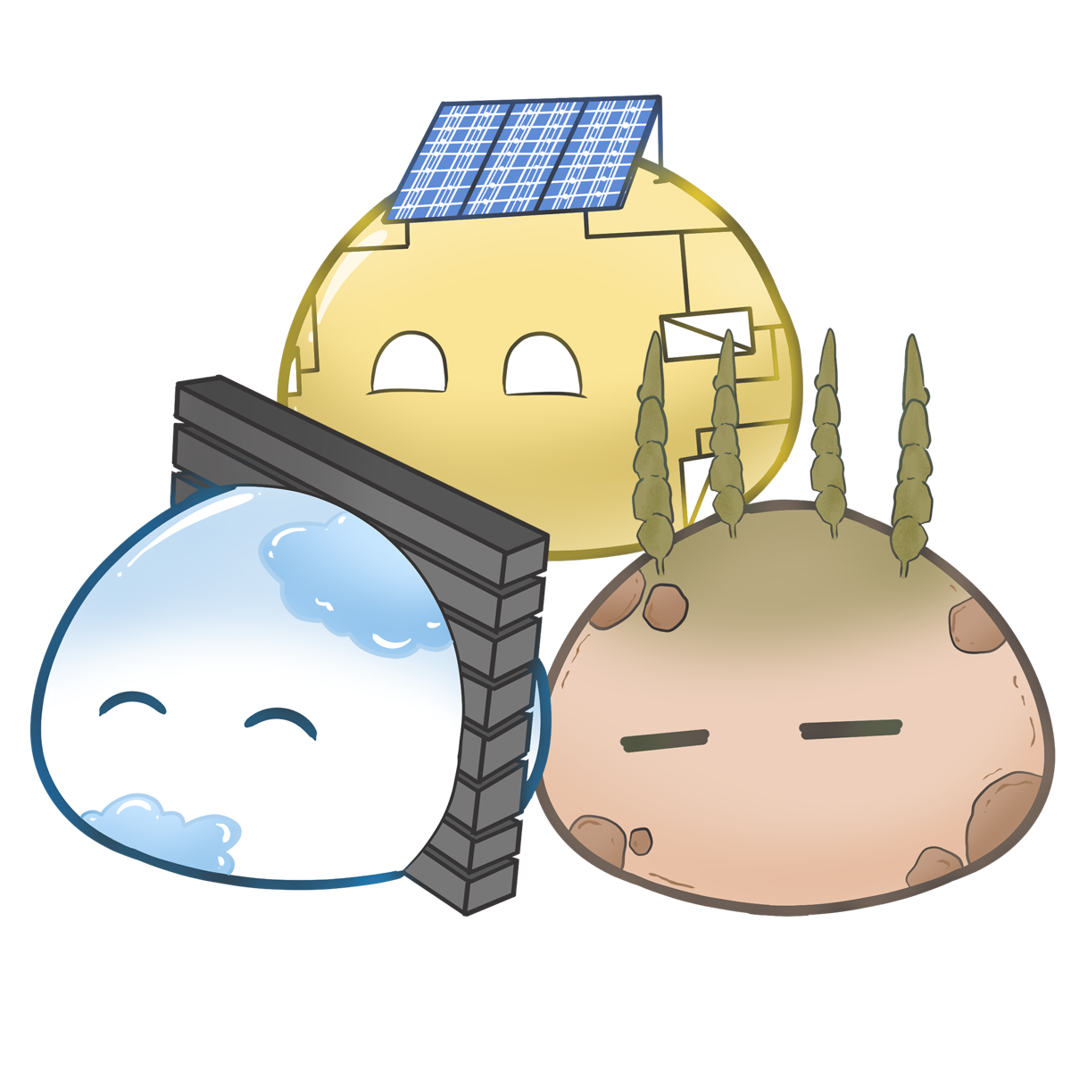 Three Ploppies: a cloud, a sun wearing a solar panel, and a small brown planet with trees