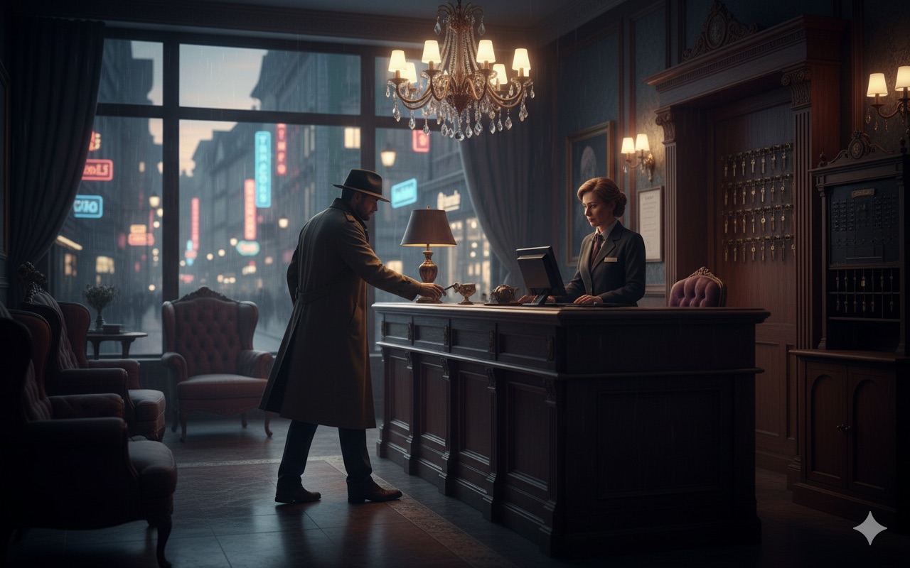 A luxury hotel front desk, the clerk smiling professionally