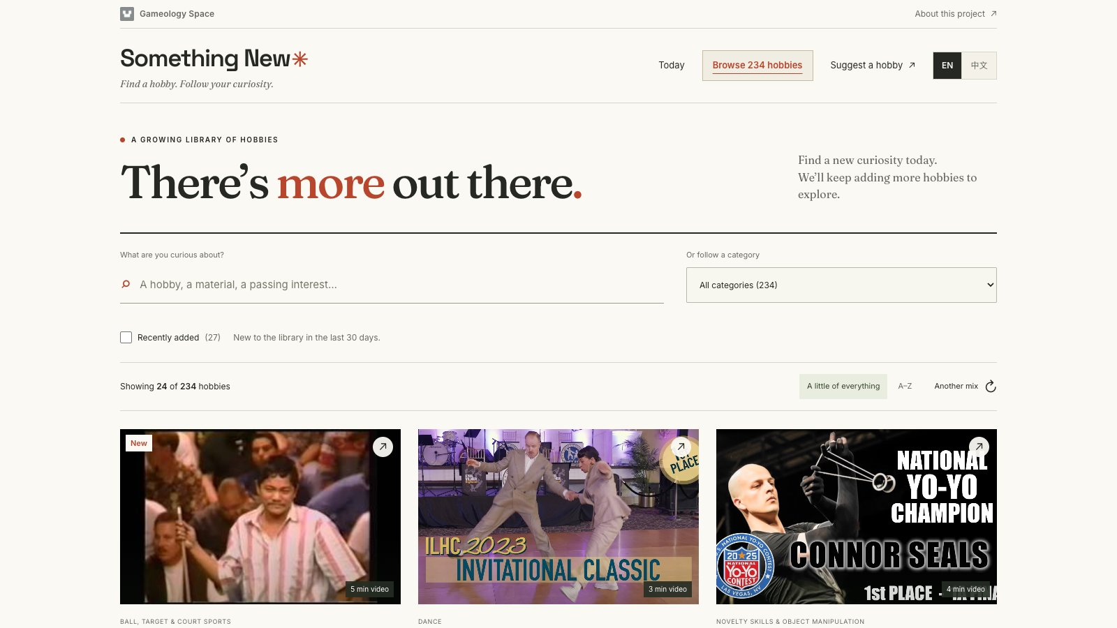 The browse page of Something New on a desktop: a search field and category filter above a grid of hobby cards, each led by a video still with its category