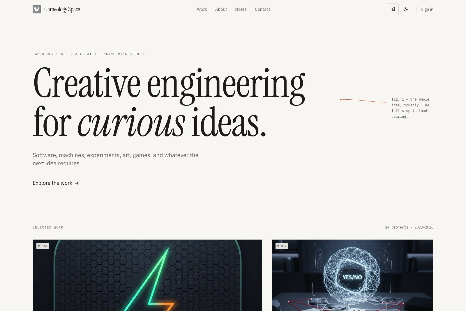 The homepage of this site: a large serif headline on paper, above a grid of projects