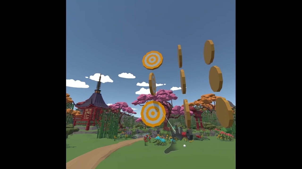A first-person view in VR: two tracked hands over a spell chart, a ninja, a chicken and a samurai waiting in a courtyard