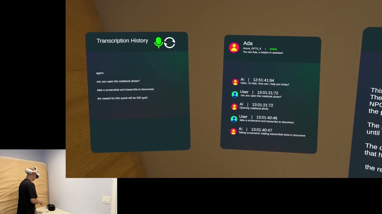 Floating panels in a passthrough room: a transcription history and a chat with an assistant named Ada; in the corner, a person in a headset