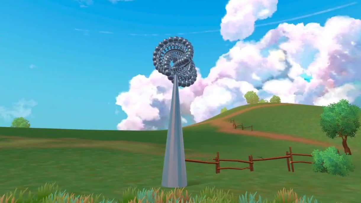 A chrome kinetic sculpture of nested rings of spheres on a tall tapered pole, standing in a green field under a painted sky
